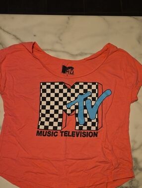 MTV Coral Crop Tee with Checkerboard M and Blue Logo